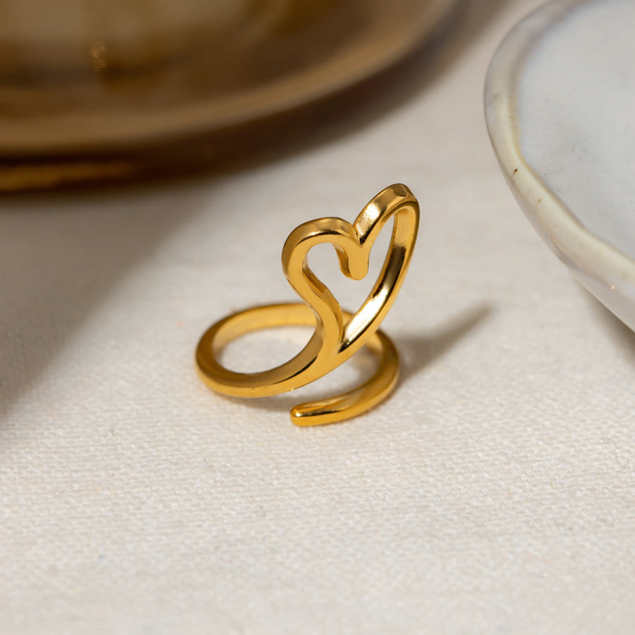 Stainless Steel Cutout Heart Bypass Ring Gold / One Size Apparel and Accessories