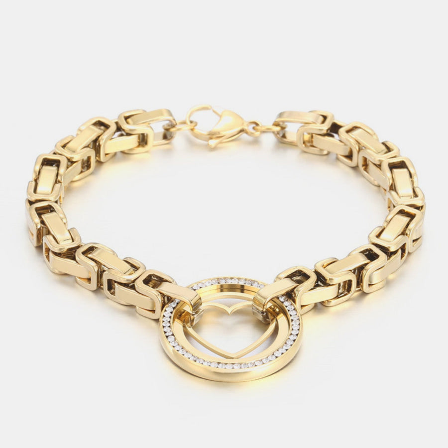 Stainless Steel Inlaid Zircon Cutout Heart Bracelet Gold / One Size Apparel and Accessories