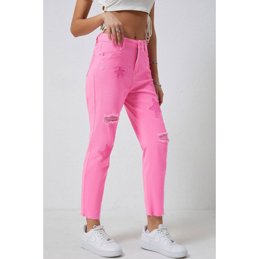 Star Raw Hem Distressed Jeans Apparel and Accessories