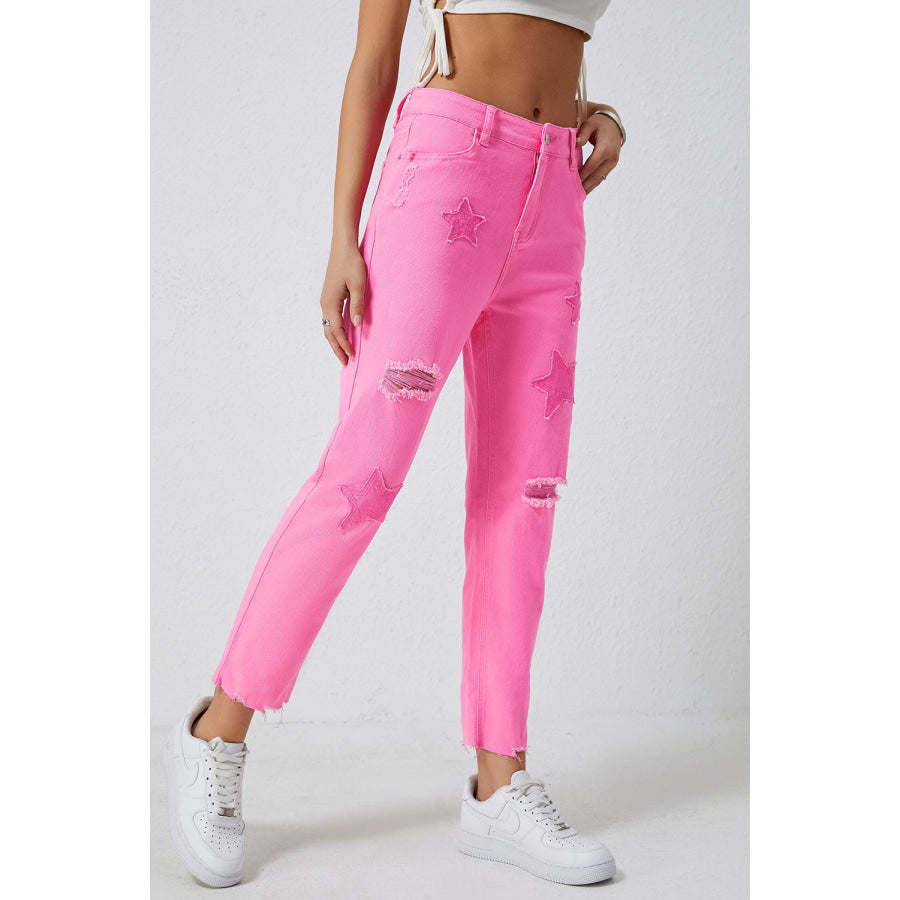Star Raw Hem Distressed Jeans Pink / 6 Apparel and Accessories