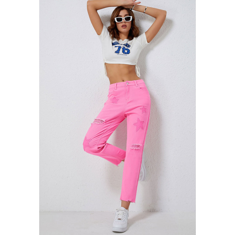 Star Raw Hem Distressed Jeans Apparel and Accessories