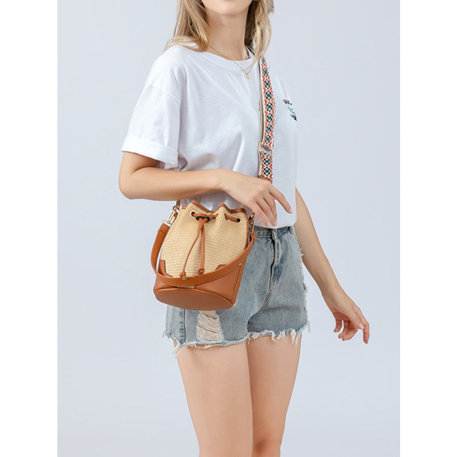 Straw Braided Adjustable Strap Bucket Bag Apparel and Accessories