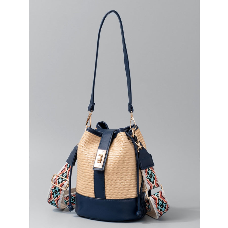 Straw Braided Adjustable Strap Bucket Bag Navy / One Size Apparel and Accessories