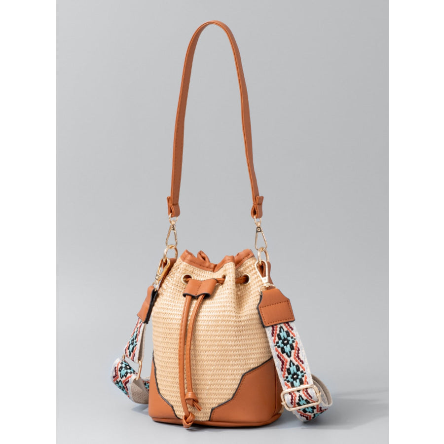 Straw Braided Adjustable Strap Bucket Bag Ochre / One Size Apparel and Accessories