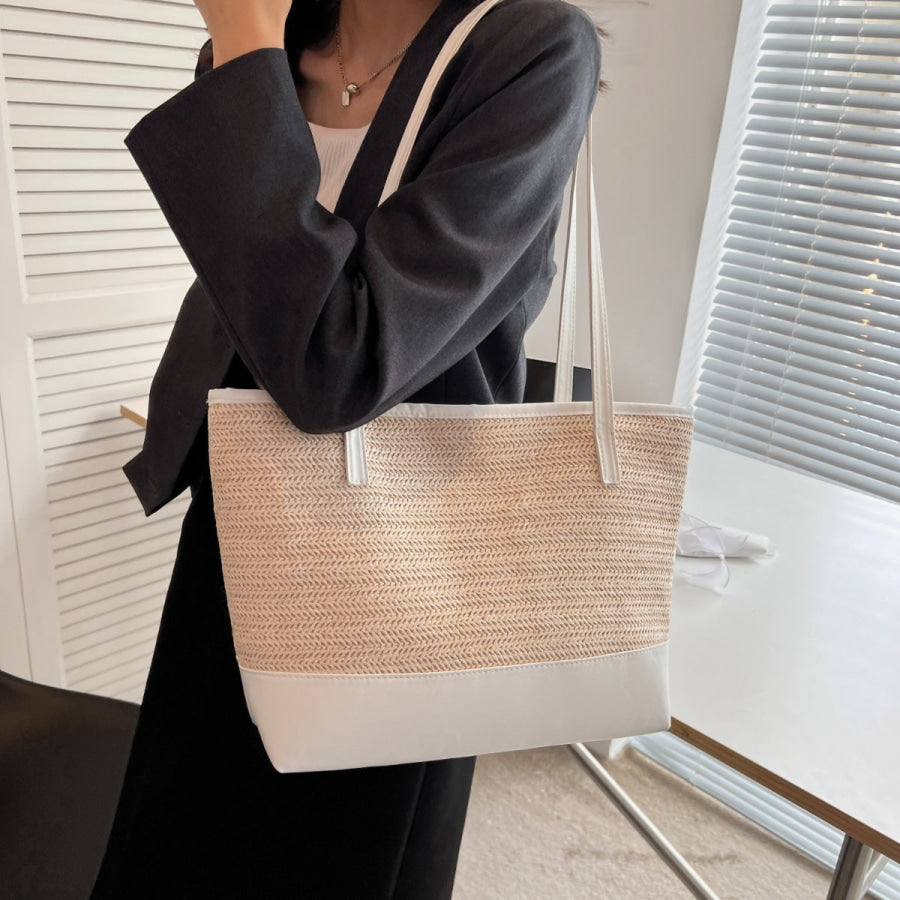 Straw Weave Leather Strap Tote Bag Apparel and Accessories