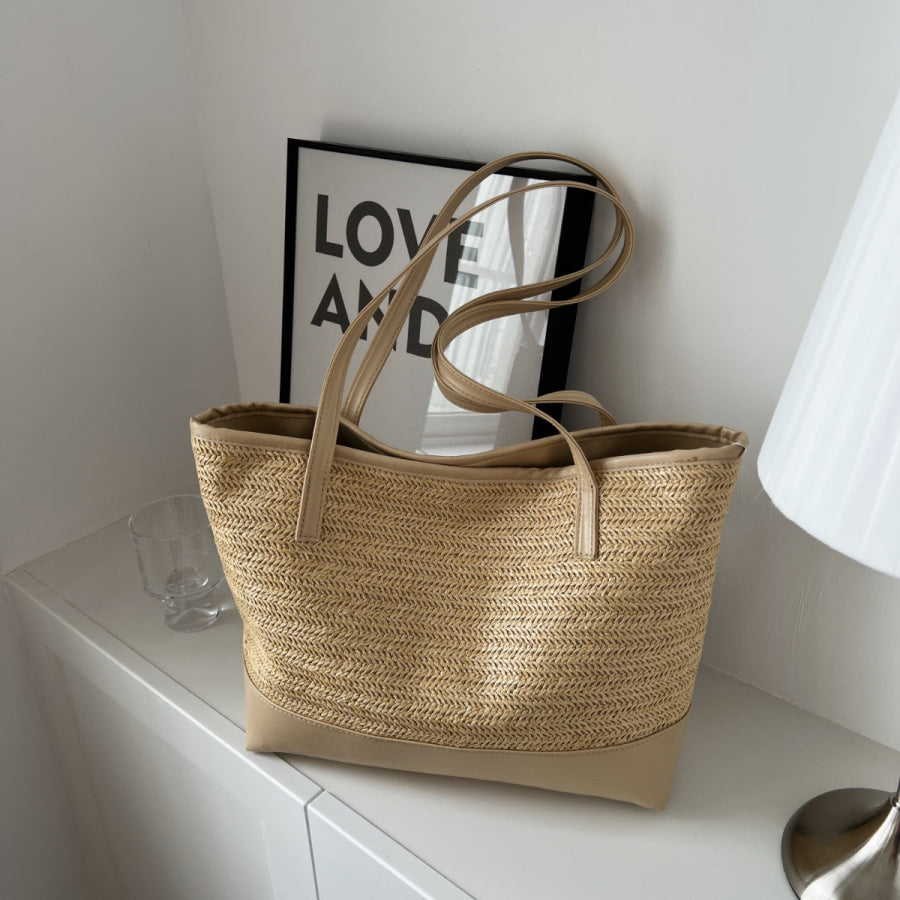 Straw Weave Leather Strap Tote Bag Apparel and Accessories