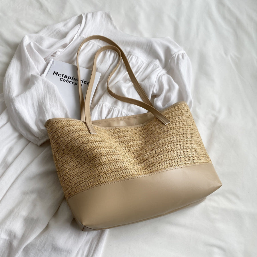 Straw Weave Leather Strap Tote Bag Camel / One Size Apparel and Accessories