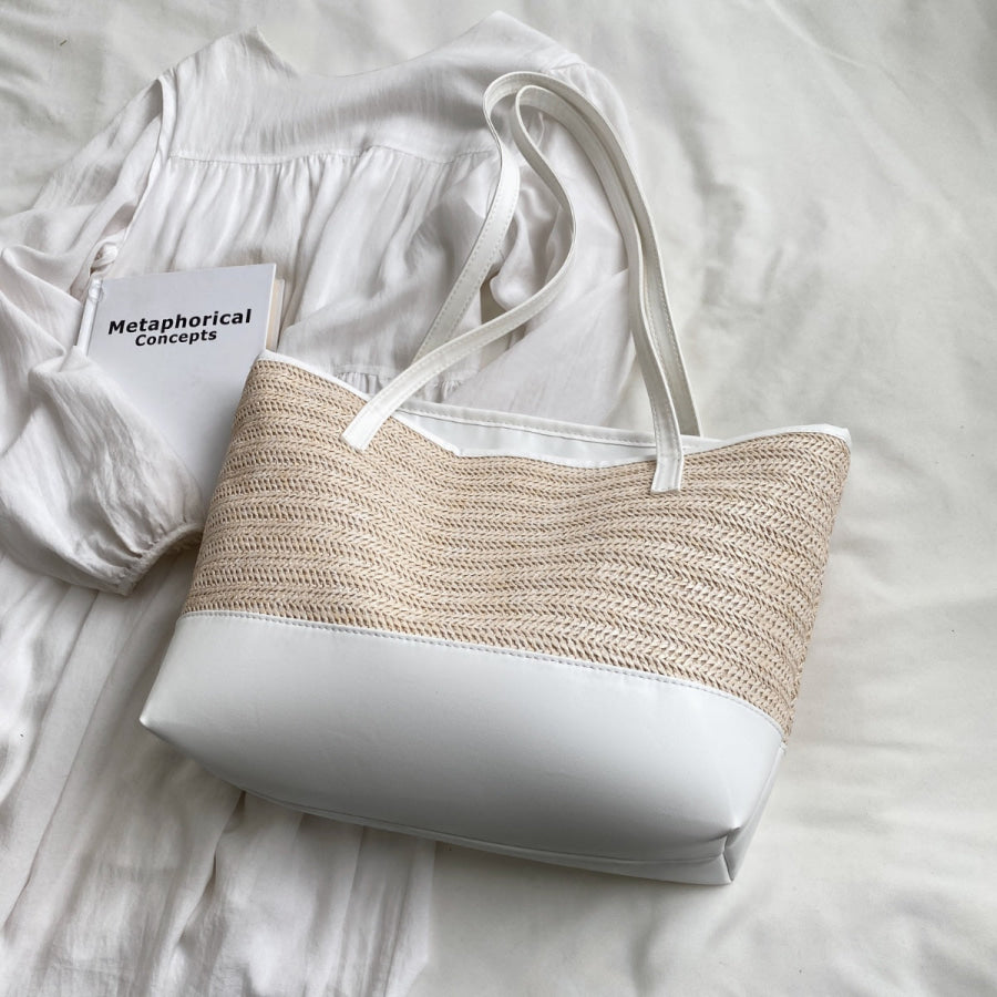 Straw Weave Leather Strap Tote Bag White / One Size Apparel and Accessories