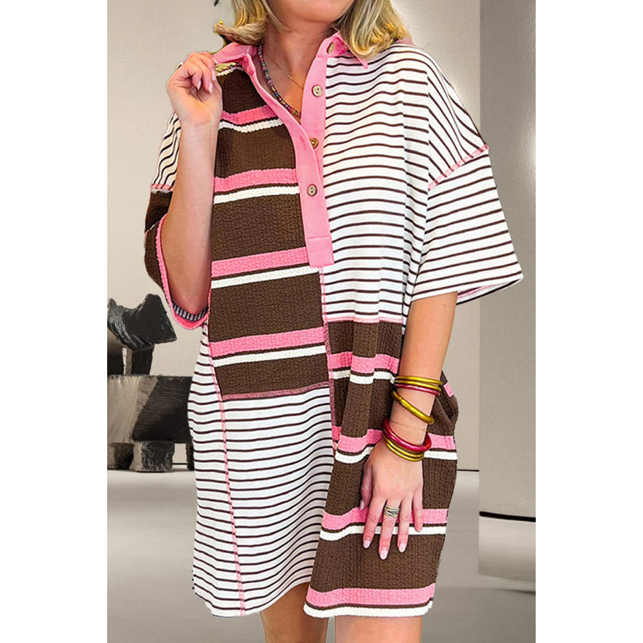 Striped Collared Neck Half Sleeve Mini Dress Stripe / S Apparel and Accessories