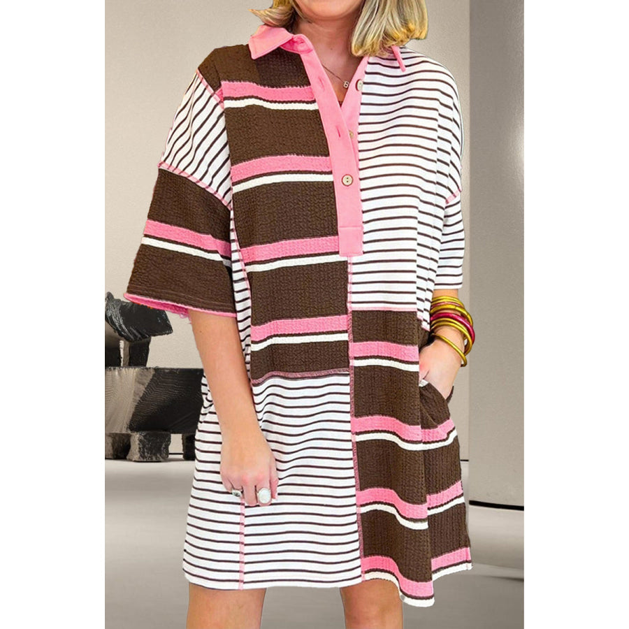 Striped Collared Neck Half Sleeve Mini Dress Stripe / S Apparel and Accessories