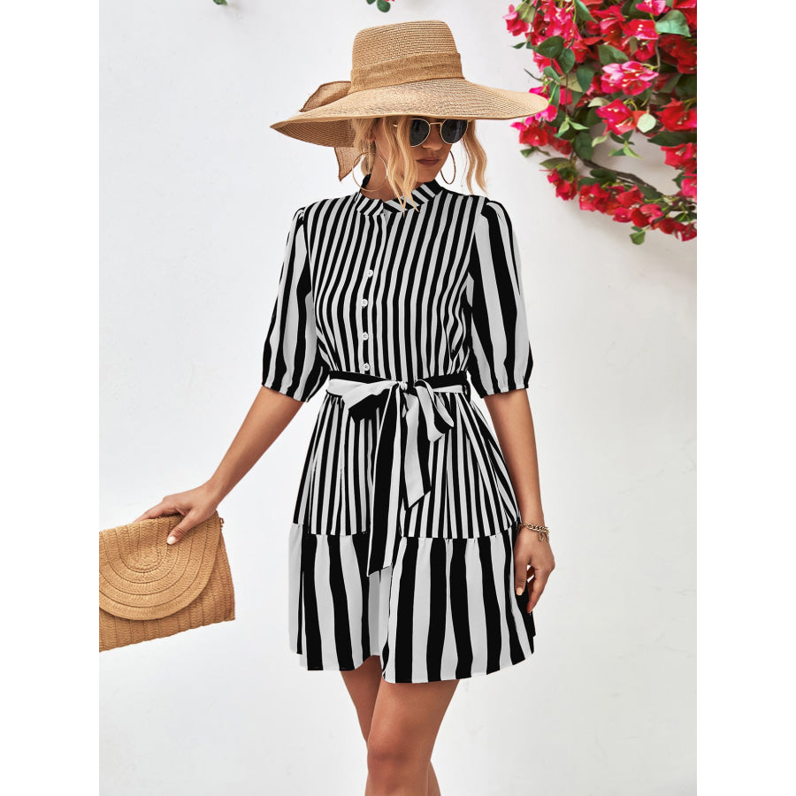 Striped Half Sleeve Tie Waist Mini Dress Black / S