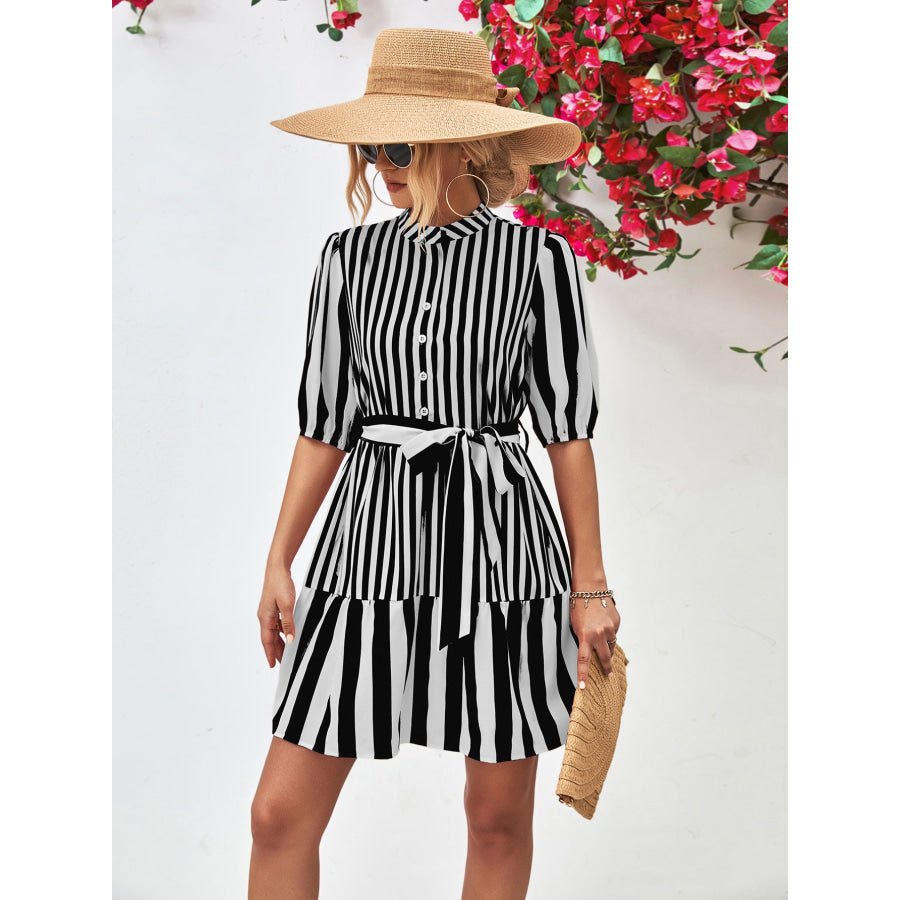Striped Half Sleeve Tie Waist Mini Dress
