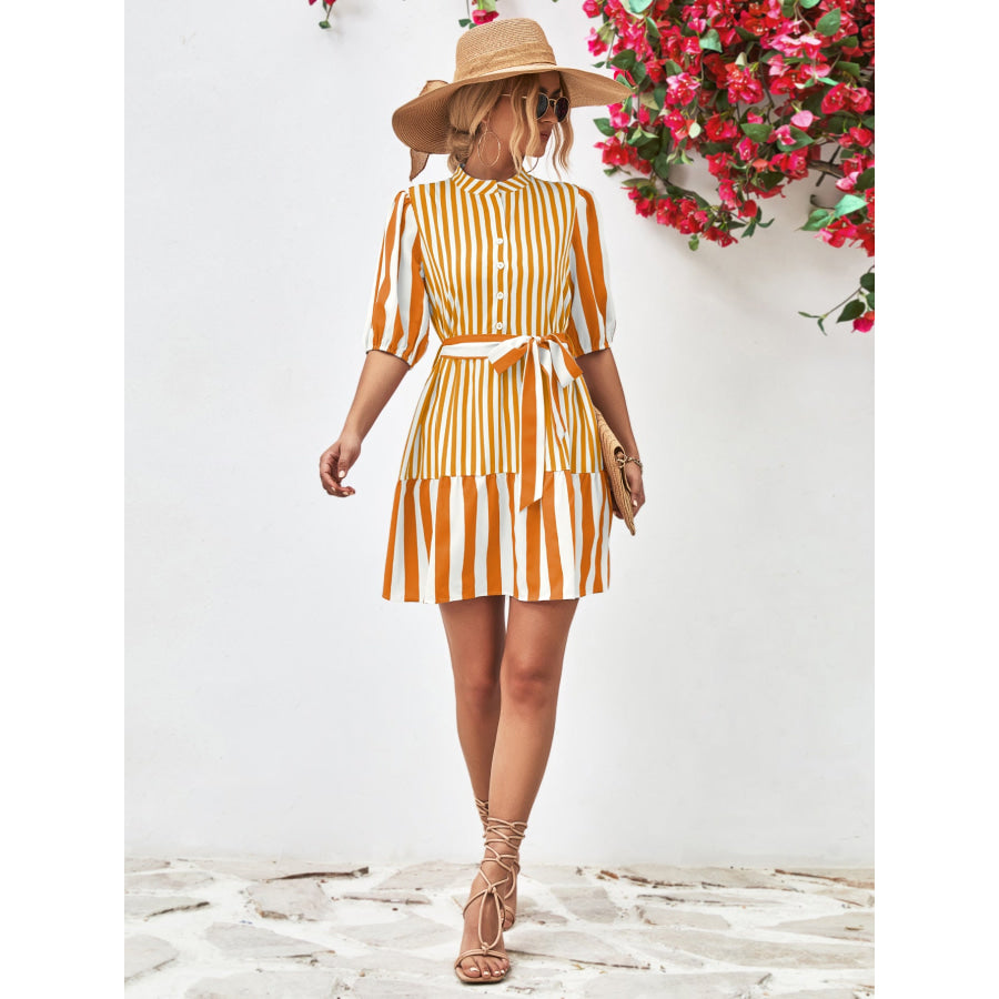 Striped Half Sleeve Tie Waist Mini Dress