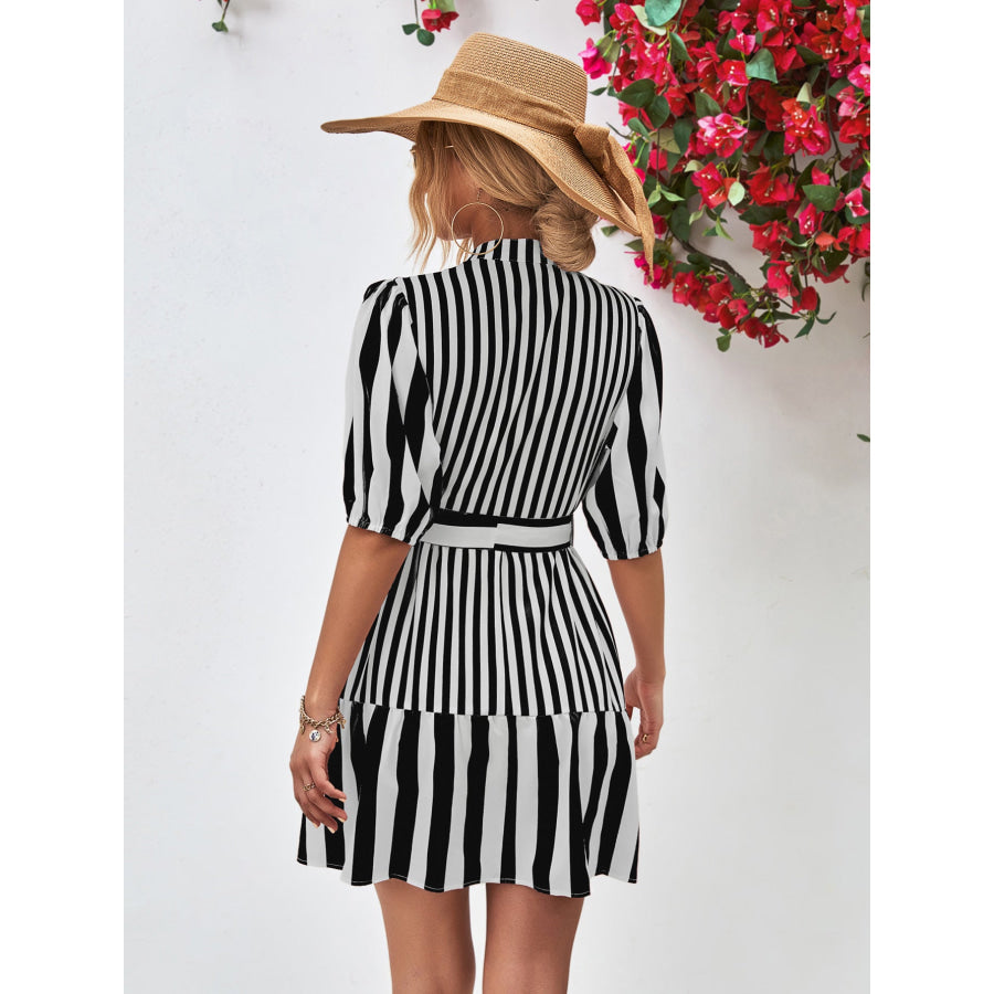 Striped Half Sleeve Tie Waist Mini Dress