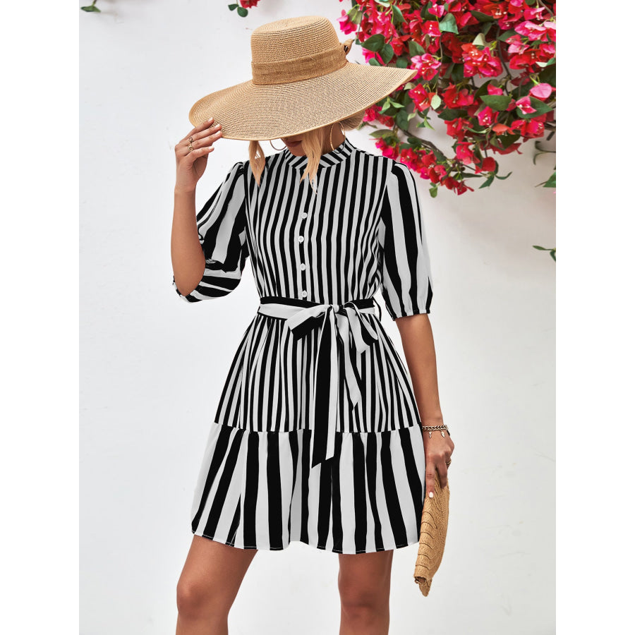 Striped Half Sleeve Tie Waist Mini Dress