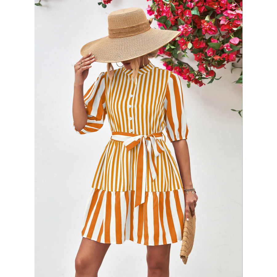 Striped Half Sleeve Tie Waist Mini Dress
