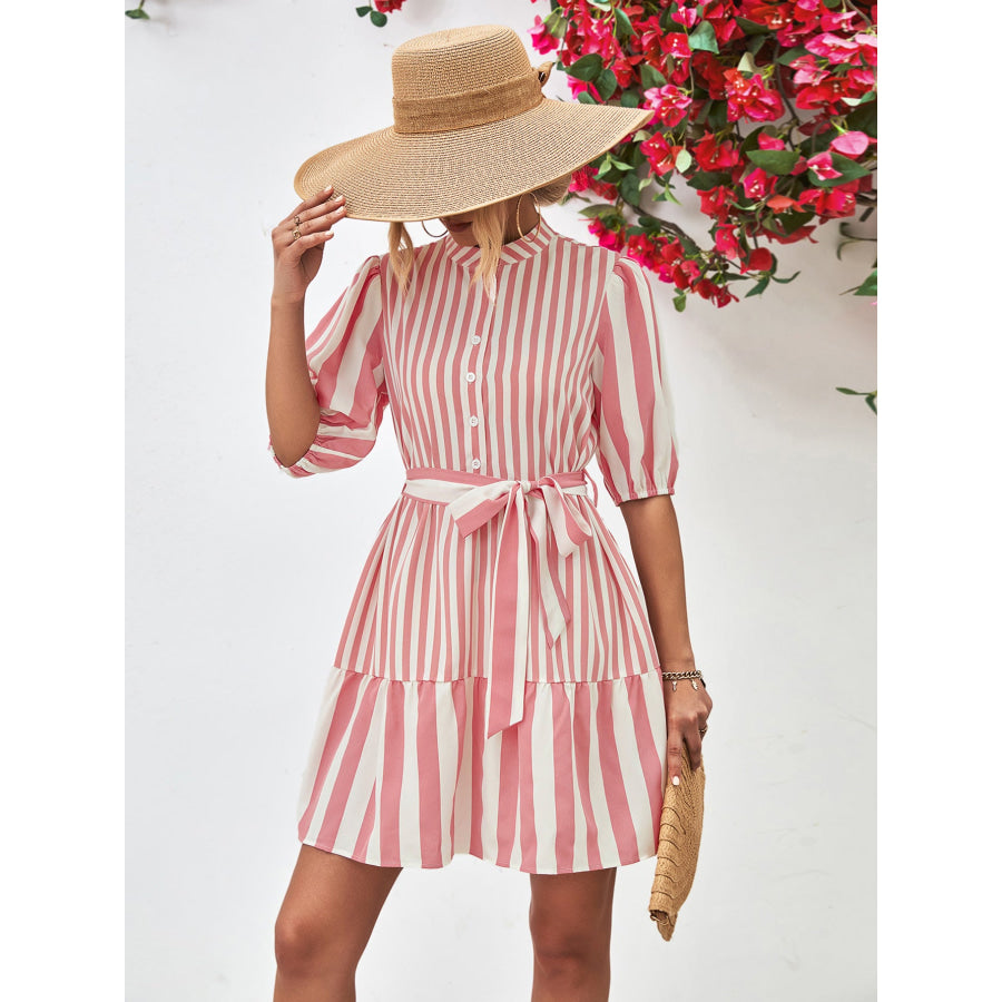 Striped Half Sleeve Tie Waist Mini Dress