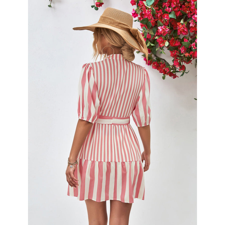 Striped Half Sleeve Tie Waist Mini Dress