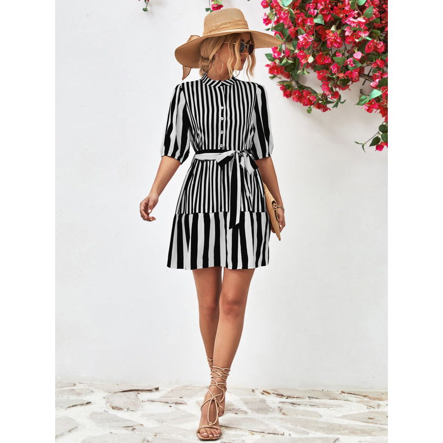 Striped Half Sleeve Tie Waist Mini Dress