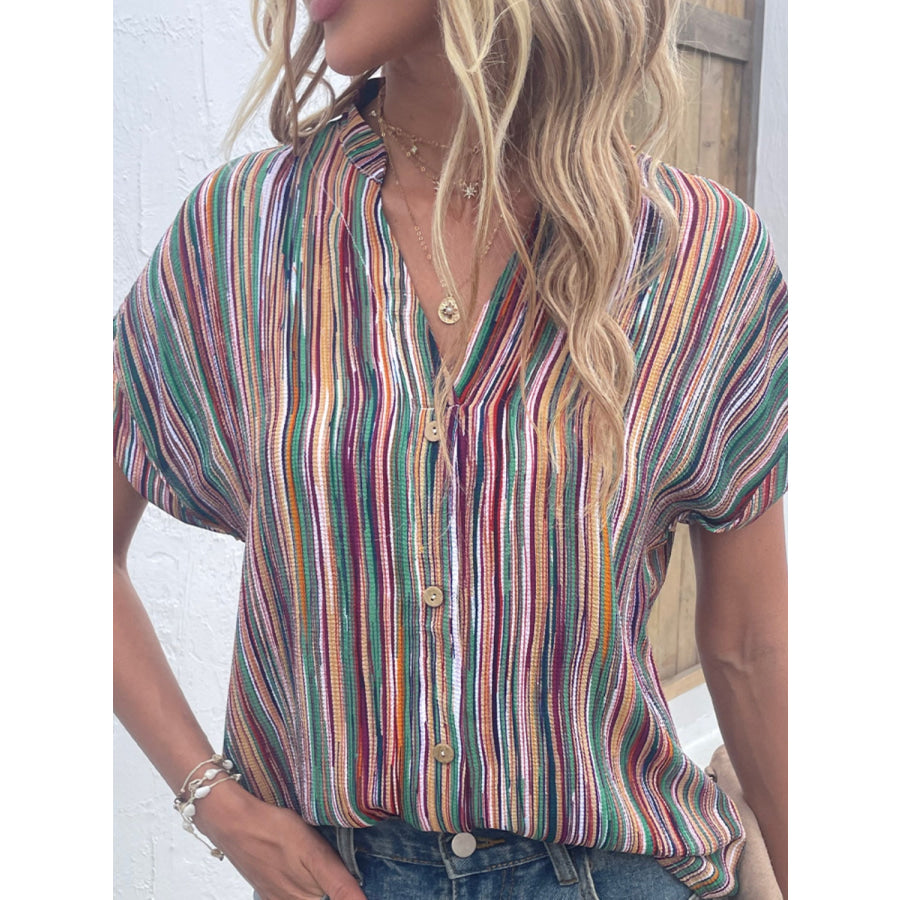 Striped Notched Short Sleeve Blouse Apparel and Accessories