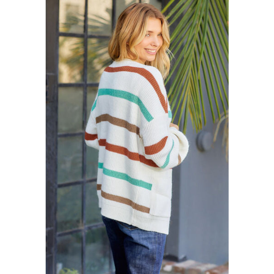 Striped Open Front Dropped Shoulder Cardigan Beige / S Apparel and Accessories