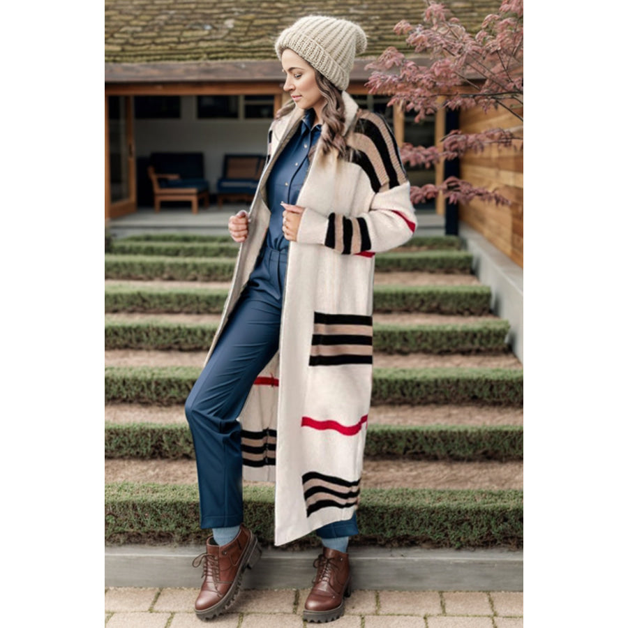 Striped Open Front Long Sleeve Longline Sweater Cardigan Ivory / S Apparel and Accessories