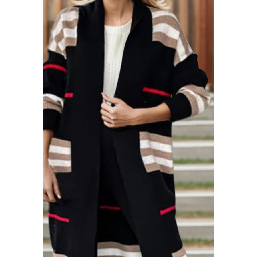 Striped Open Front Long Sleeve Longline Sweater Cardigan Apparel and Accessories
