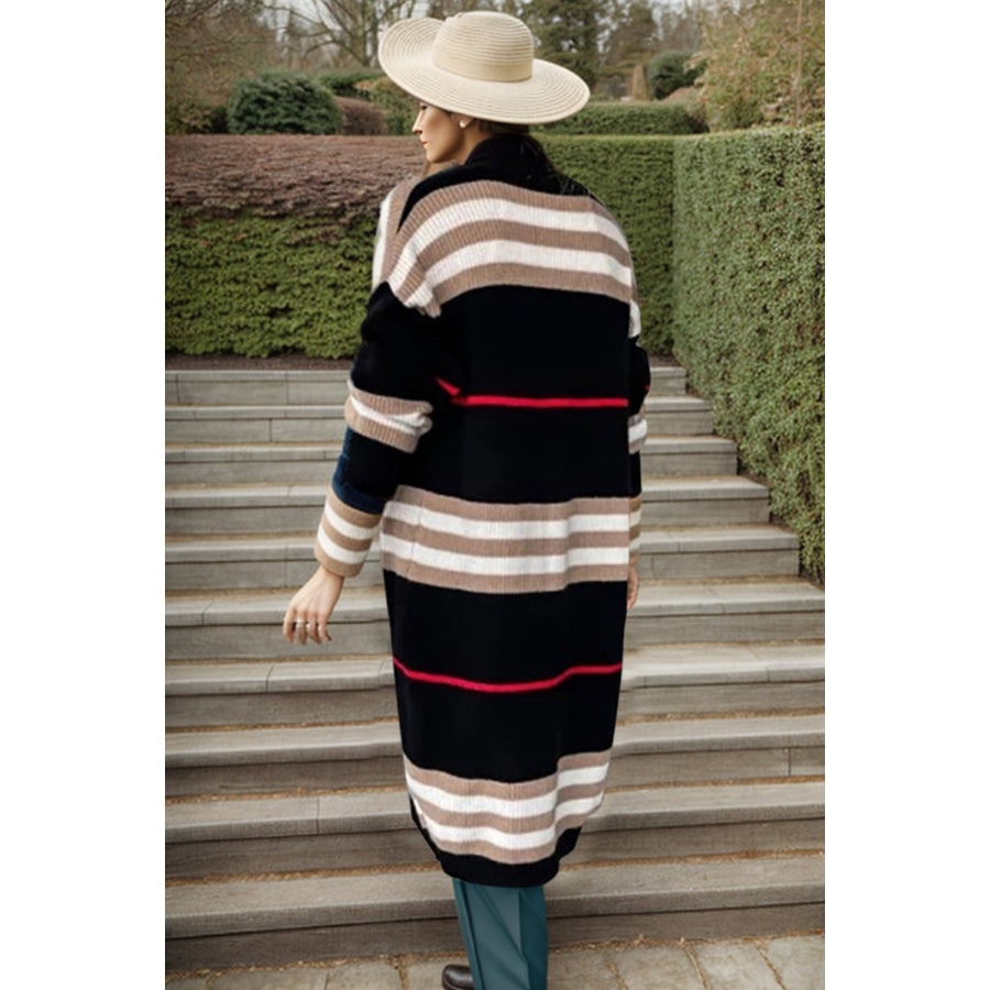 Striped Open Front Long Sleeve Longline Sweater Cardigan Apparel and Accessories