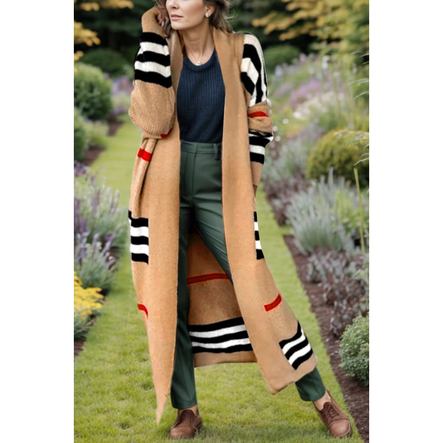 Striped Open Front Long Sleeve Longline Sweater Cardigan Tan / S Apparel and Accessories