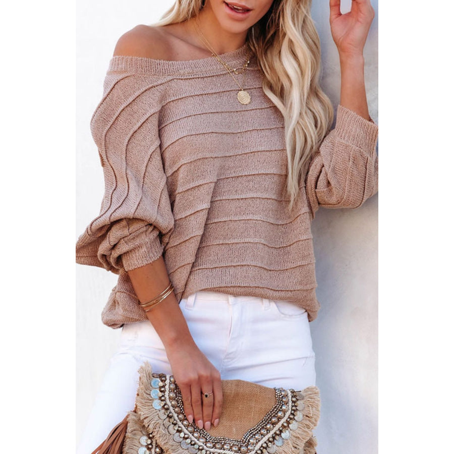 Striped Ribbed Trim Round Neck Sweater Apparel and Accessories