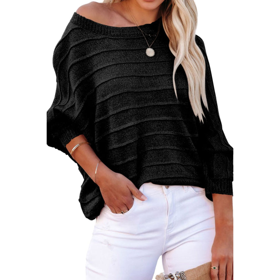 Striped Ribbed Trim Round Neck Sweater Black / S Apparel and Accessories