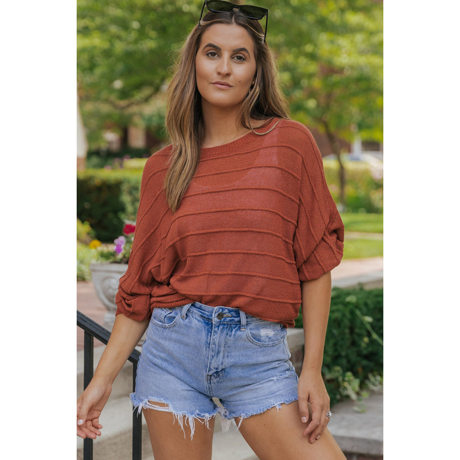 Striped Ribbed Trim Round Neck Sweater Brick Red / S Apparel and Accessories