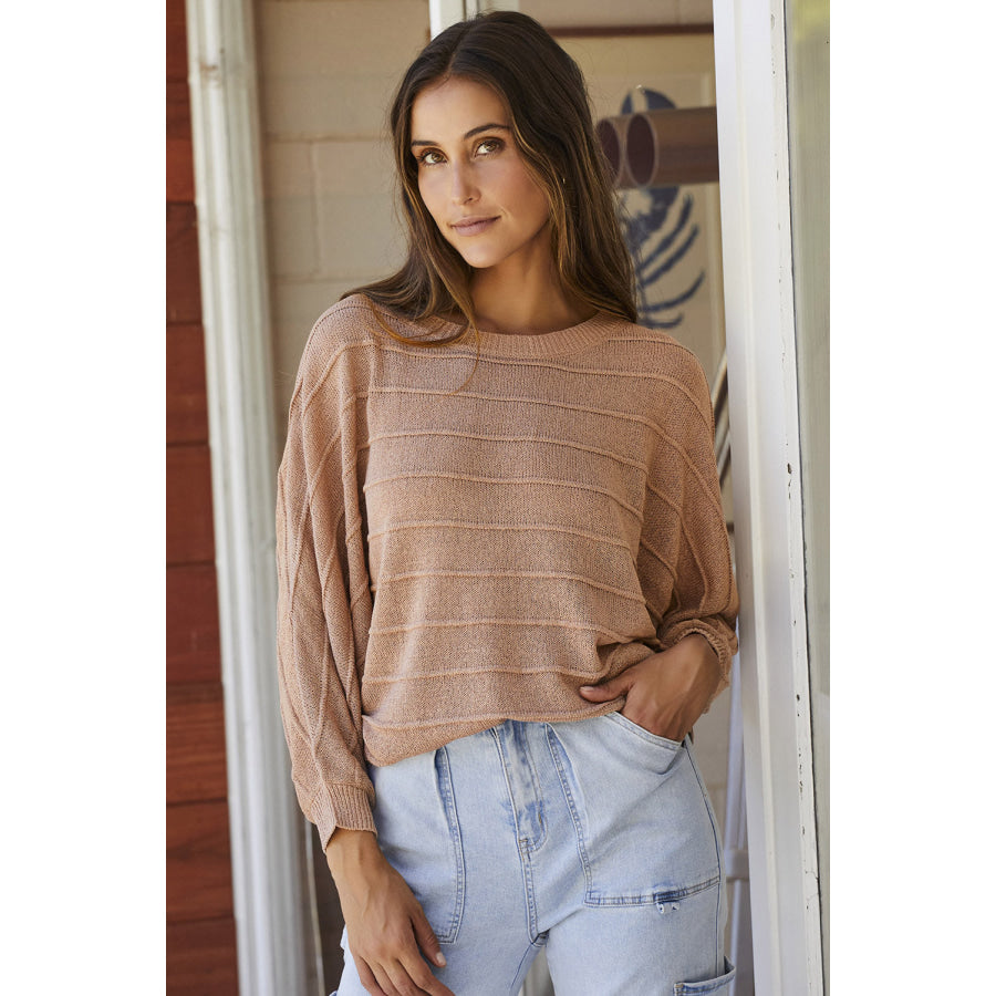 Striped Ribbed Trim Round Neck Sweater Camel / S Apparel and Accessories