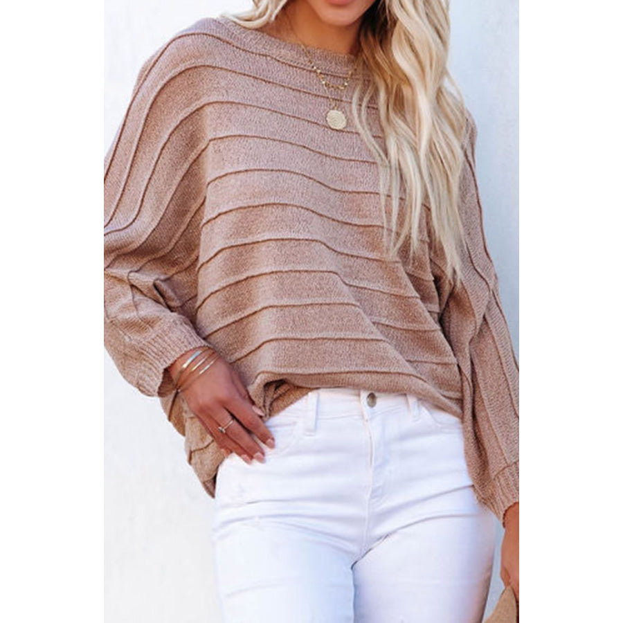 Striped Ribbed Trim Round Neck Sweater Pale Blush / S Apparel and Accessories