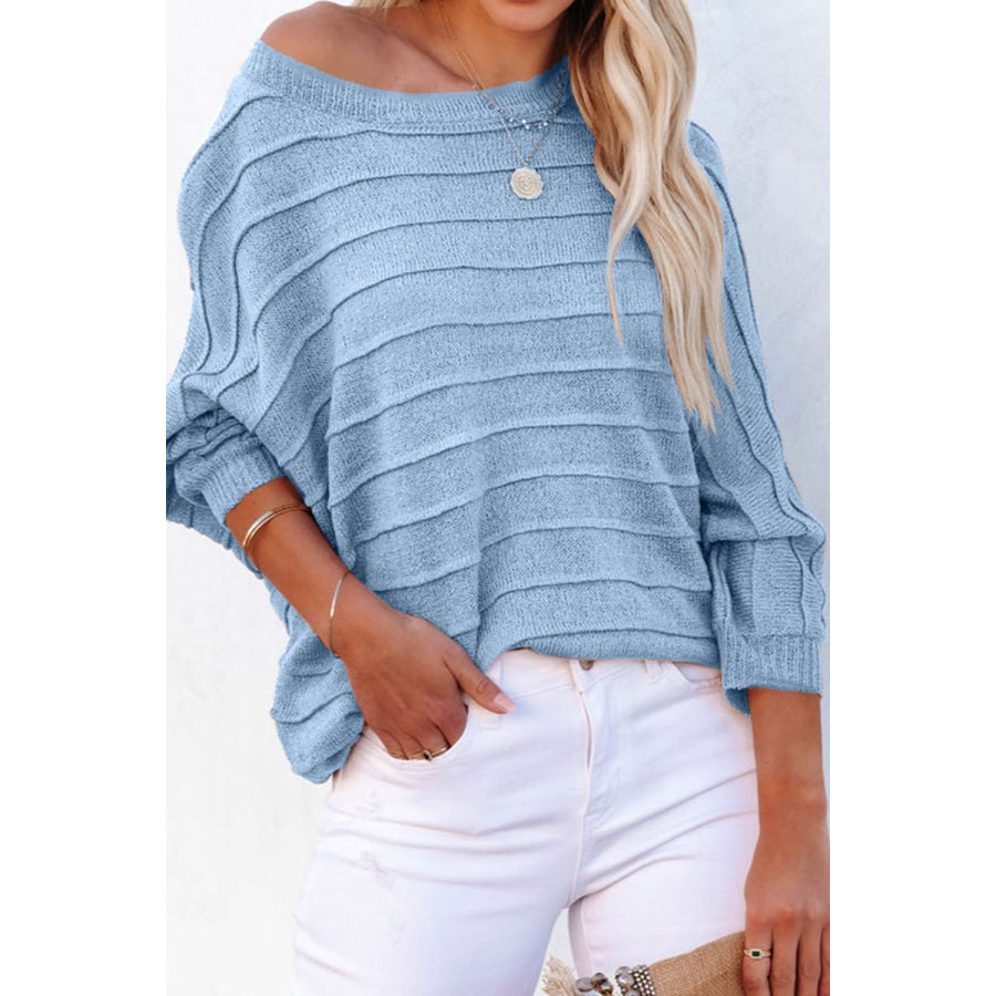 Striped Ribbed Trim Round Neck Sweater Pastel Blue / S Apparel and Accessories