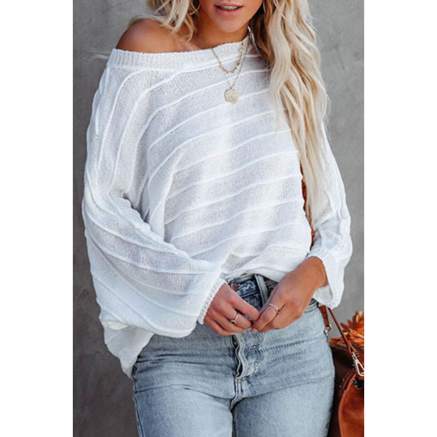 Striped Ribbed Trim Round Neck Sweater White / S Apparel and Accessories