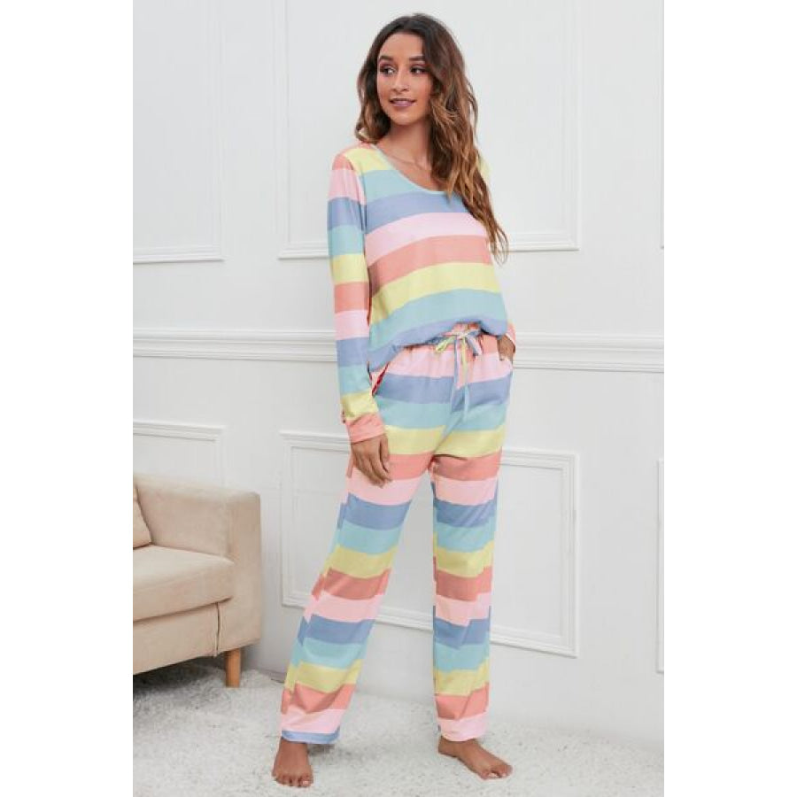 Striped Round Neck Long Sleeve Top and Drawstring Pants Lounge Set Butter Yellow / S Apparel and Accessories