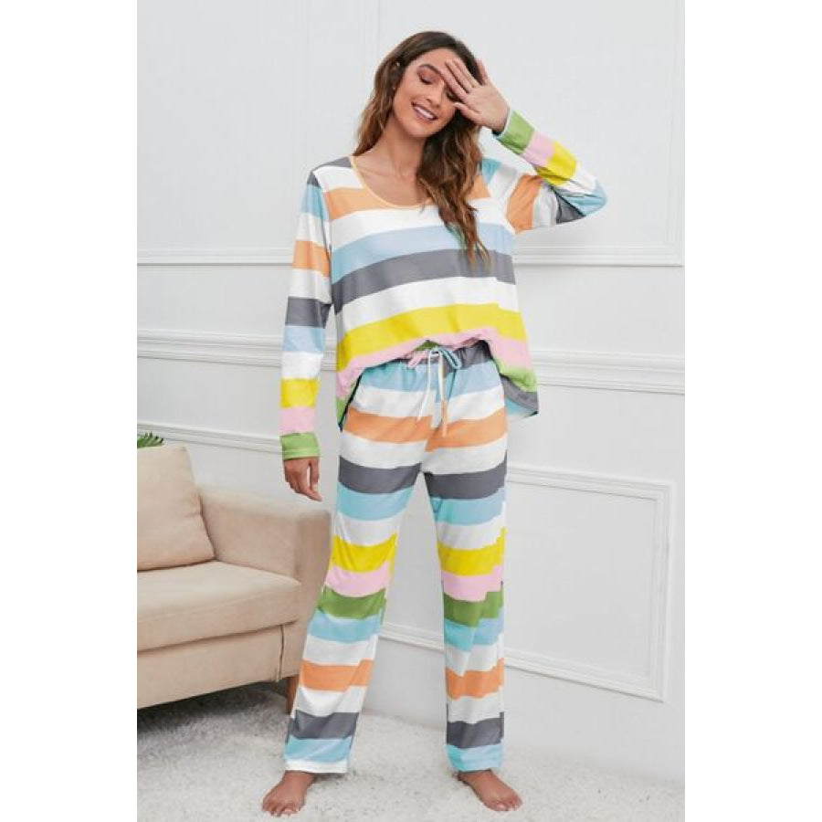 Striped Round Neck Long Sleeve Top and Drawstring Pants Lounge Set Charcoal / S Apparel and Accessories