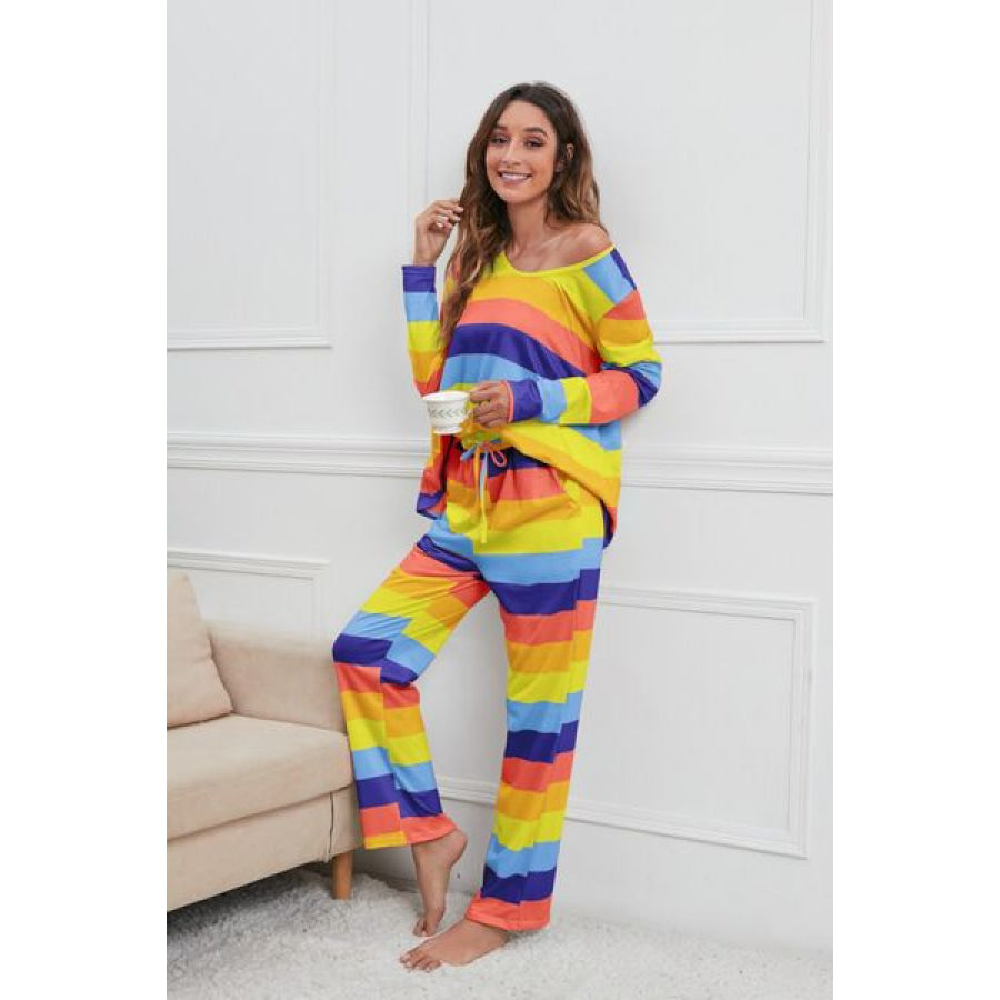 Striped Round Neck Long Sleeve Top and Drawstring Pants Lounge Set Navy / S Apparel and Accessories