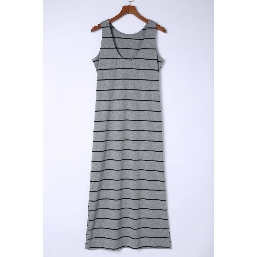 Striped Slit Sleeveless Maxi Dress Charcoal / S