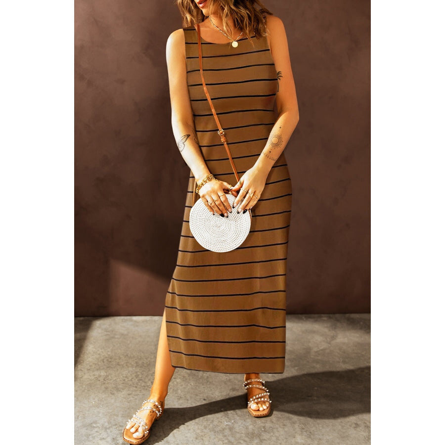 Striped Slit Sleeveless Maxi Dress Chestnut / S