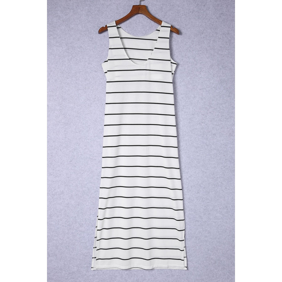 Striped Slit Sleeveless Maxi Dress White / L