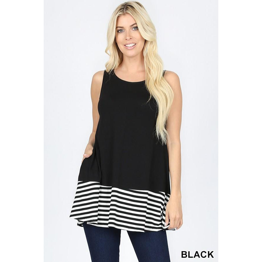 NEW! Striped & Solid Contrast Sleeveless Top With Pockets Black / XL Tops