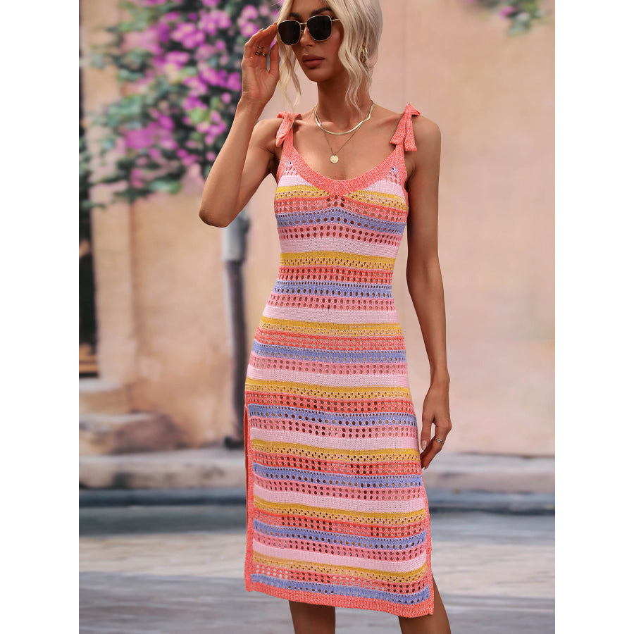 Striped Tie Shoulder Split Cover Up Dress Coral / S