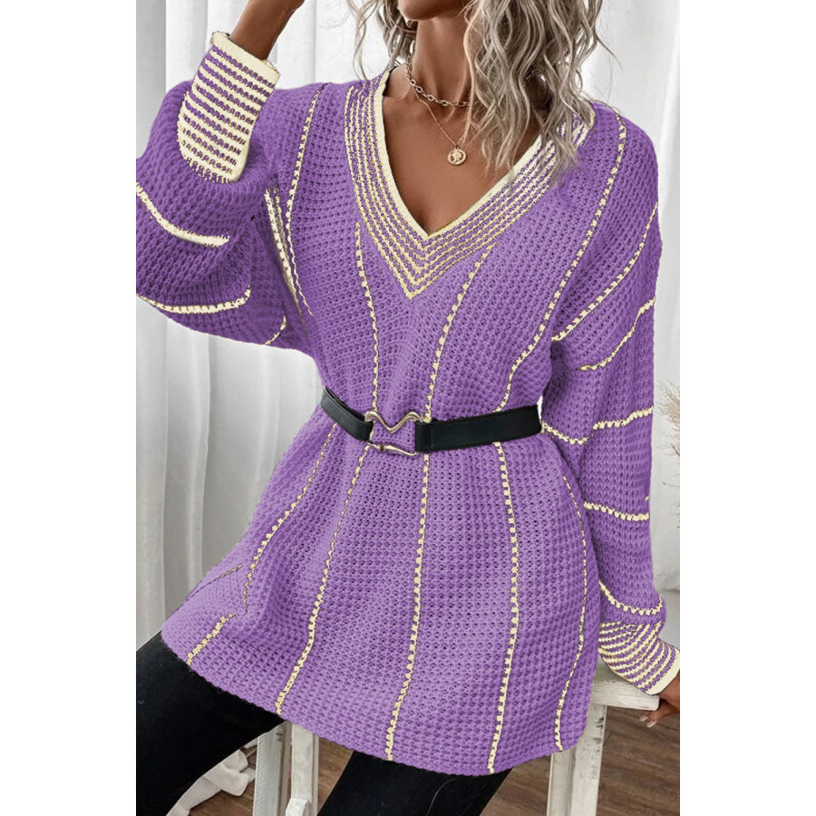 Striped V-Neck Dropped Shoulder Sweater Apparel and Accessories