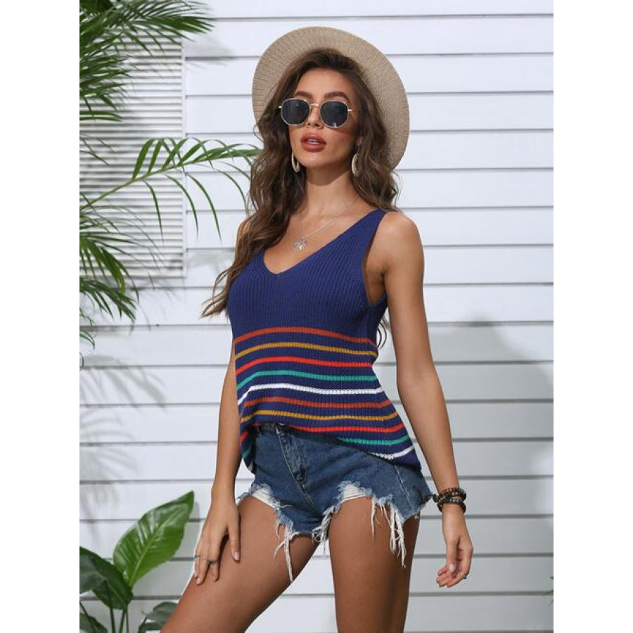 Striped V-Neck Knit Tank Shirts & Tops