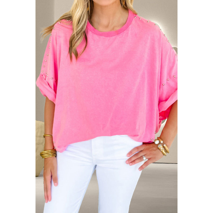 Studded Round Neck Half Sleeve Top Pink / S Apparel and Accessories