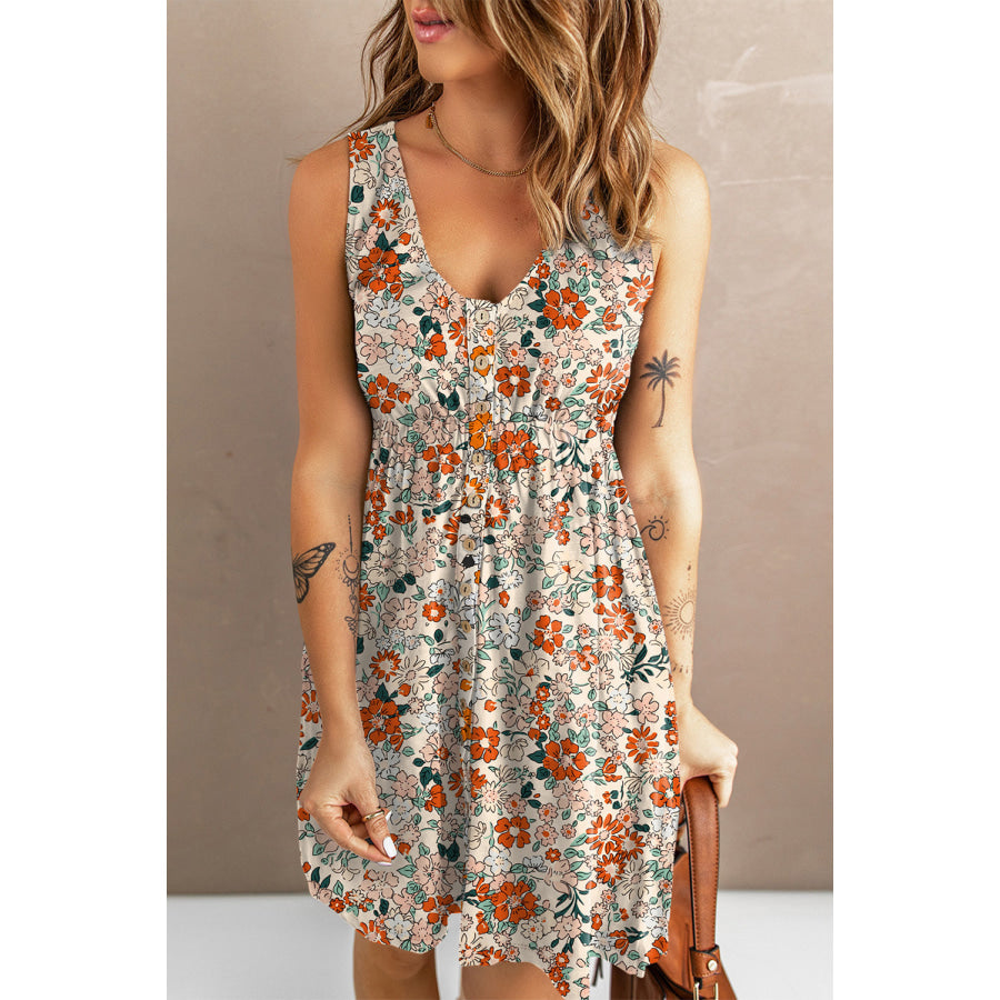 Sunflower Print Button Down Sleeveless Dress Flower A / M