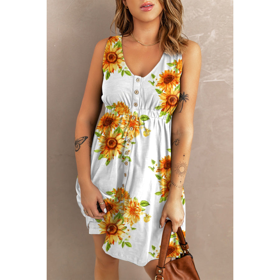 Sunflower Print Button Down Sleeveless Dress