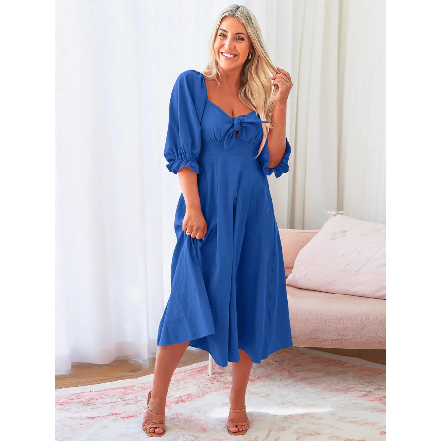 Sweetheart Neck Flounce Sleeve Midi Dress Royal Blue / S Apparel and Accessories